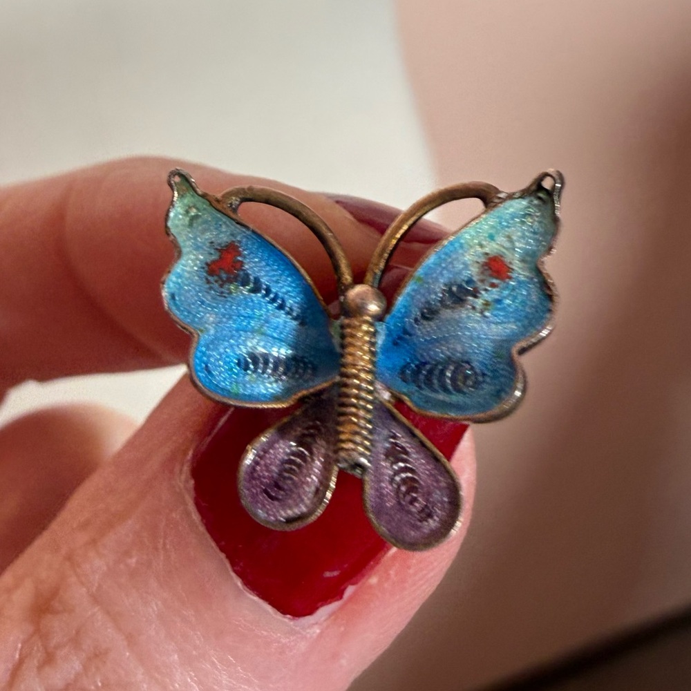 Antique 800 silver deco Filagree blue plique-a-jour Enamel tiny Butterfly brooch - Picture 15 of 17